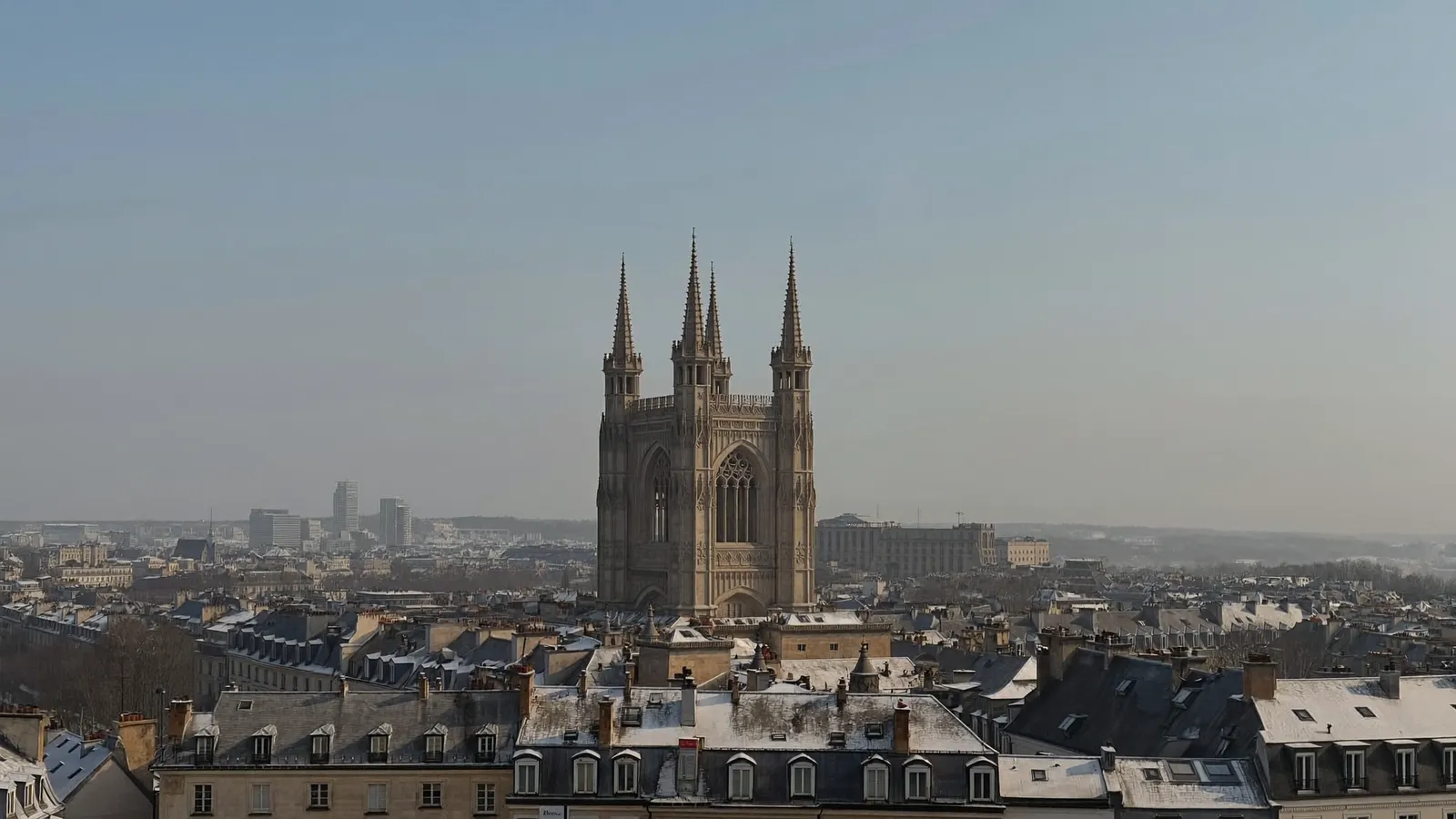 Beffroi d'Arras au-dessus des toits sous un ciel d'hiver